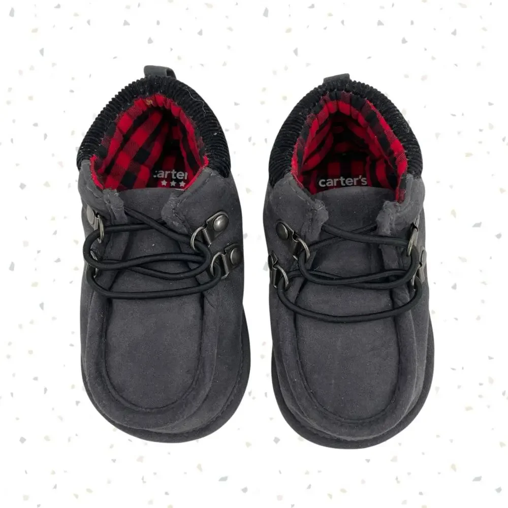 Carter’s Baby Boots Grey Moccasin Red Buffalo Check Plaid Lining Shoes Size 6-9m